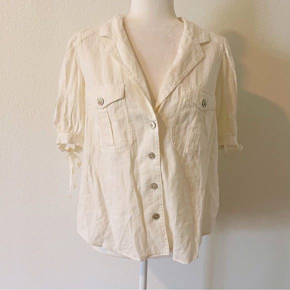Free People Tops - 🌹 Free People Safari Babe Puff Short Sleeves Button Down White Size Small